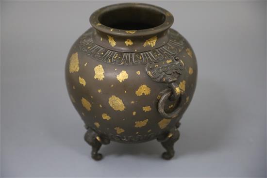 A fine and rare Chinese gold splashed bronze globular censer, 17th/18th century, with Qing dynasty triple ruyi head hardwood stand